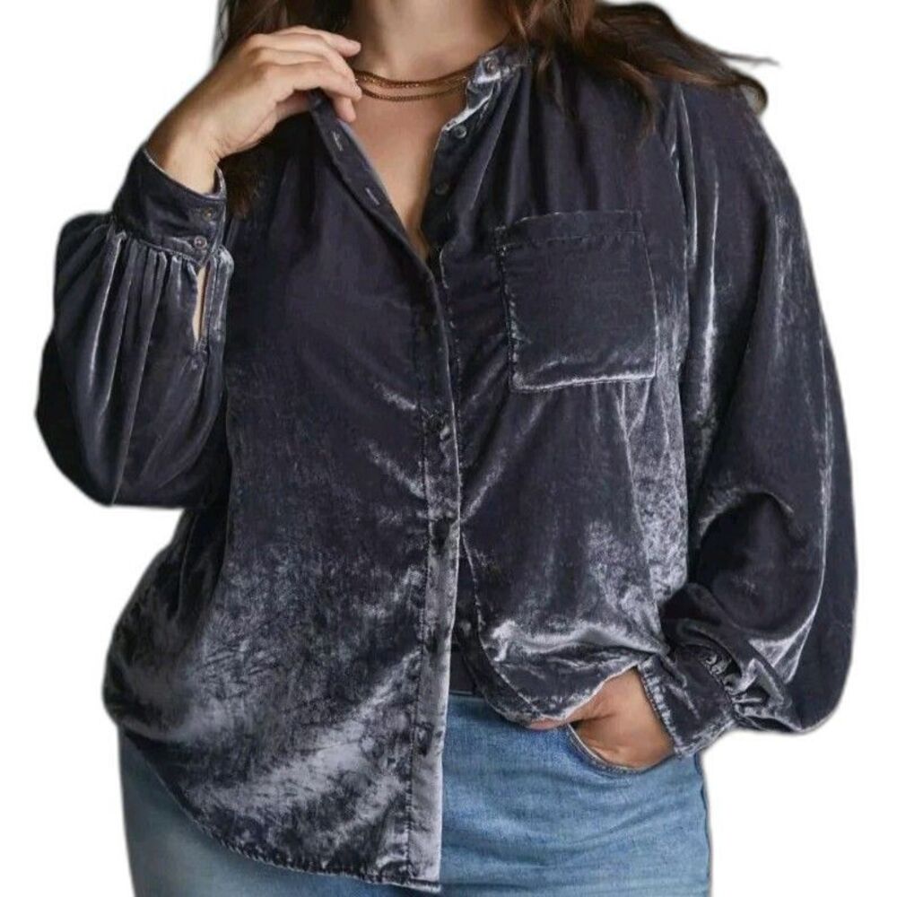 Pilcro Anthropologie Button Down Top Gray Pleating Velvet Relaxed Fit XS